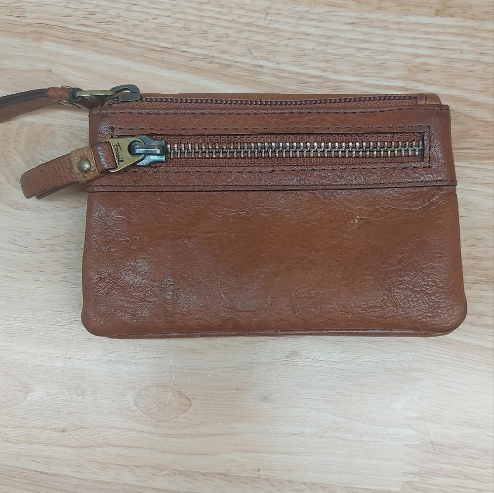 Fossil double zipper Pebbled Brown Leather wallet vintage - Picture 5 of 8
